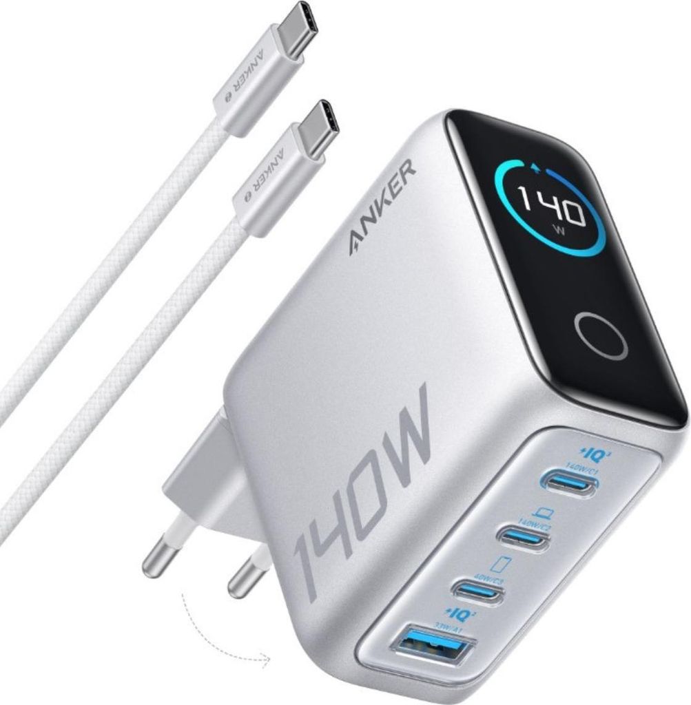 Anker Zolo 140W Wandladegerät, Digitalanzeige, 3x USB-C, 1x USB-A, PD 3.1, USB-C-Kabel enthalten, Silber