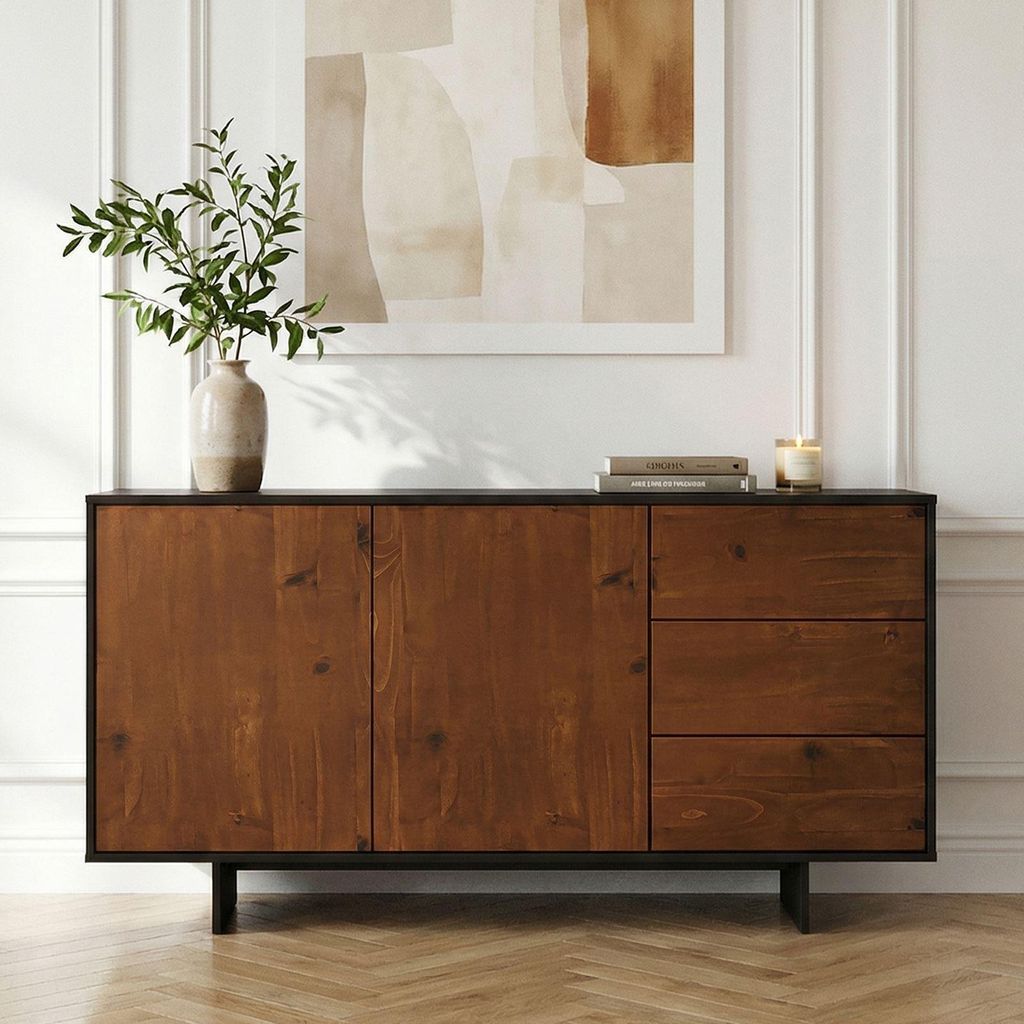 Sideboard ARTO, 135 cm mit 2 Türen und 3 Schubkästen, Schwarz/Kastanie - Robustes Wohnzimmer Möbel, Flurkommode mit großzügigem Stauraum, Anri...