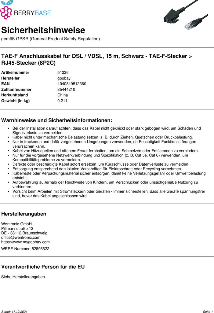 DSL Kabel-TAE-F Stecker >Westernstecker 8P2C, 15m Produktbild 3