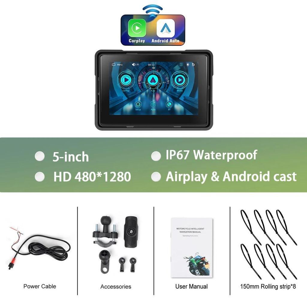 CarPlay Display fürs Auto - 12,7 cm Touchscreen - Kabelloses CarPlay - FM-Transmitter - USB - Rückfahrkamera-Eingang - 12 V