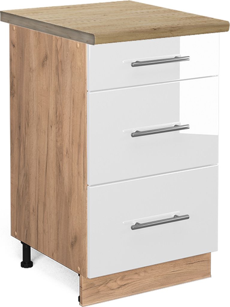 Küchenunterschrank Vicco Fame-Line Weiß Hochglanz 50 cm , AP Eiche, Model 46768