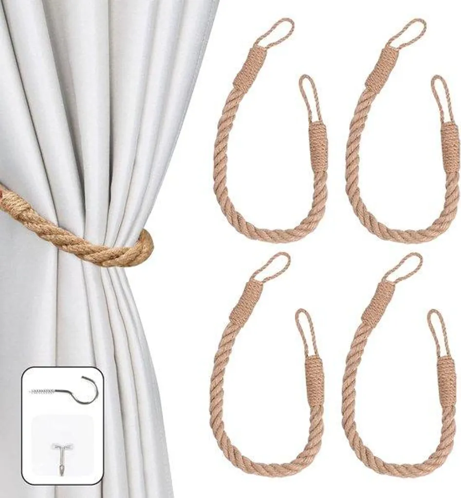 Attaches rideaux en chanvre kaki pour salon et chambre - Lot de 4