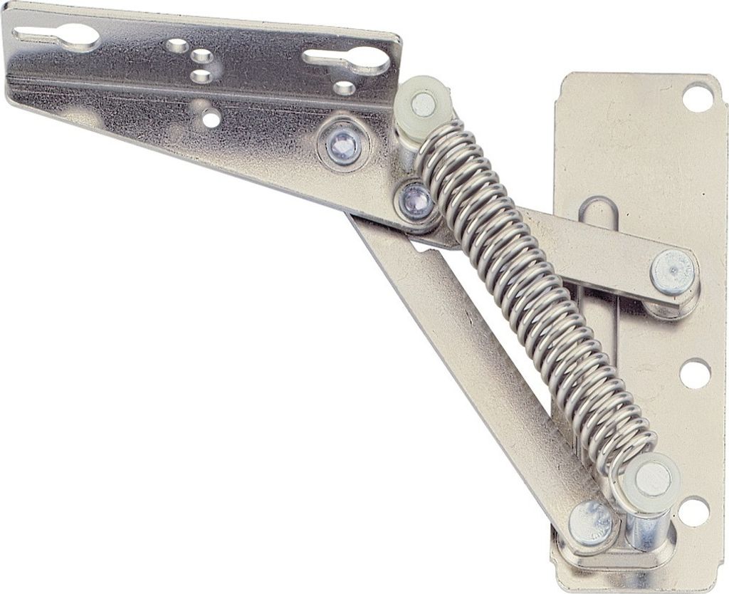 A metal lift mechanism with a spring, isolated on a white background.