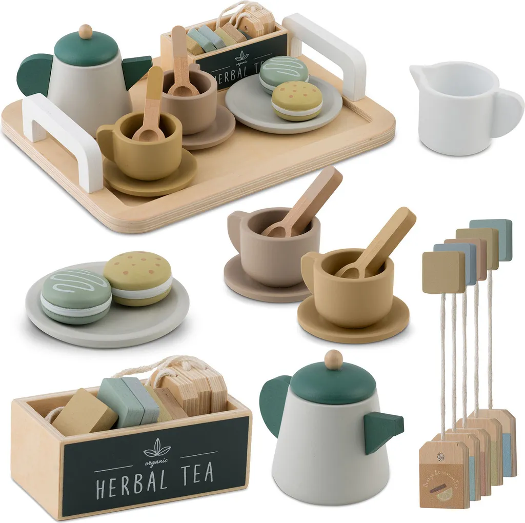 Service à thé en bois NK-864 pour jouer au goûter - Cadeau enfant idéal