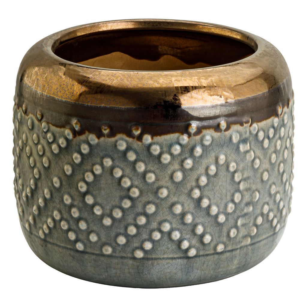 Keramik Oval Glasiert Blumentopf Grau & Gold H 16cm D 15cm Vintage Skandinavischen Stil Ornament