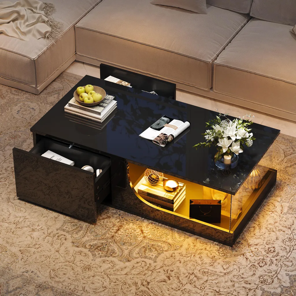 Table basse LED noire avec 2 tiroirs de rangement et finition laquée