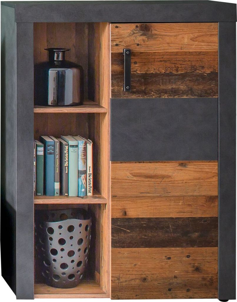 A close-up view of a storage cabinet with a sliding door.