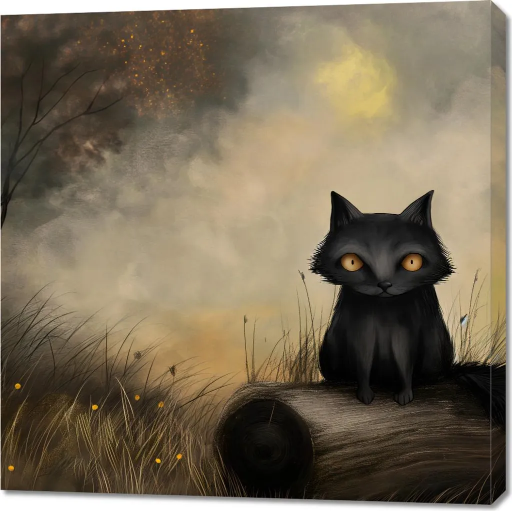 Toile Imprimée Chat Noir 90x90cm - Déco Murale Félin Noir Contemporain