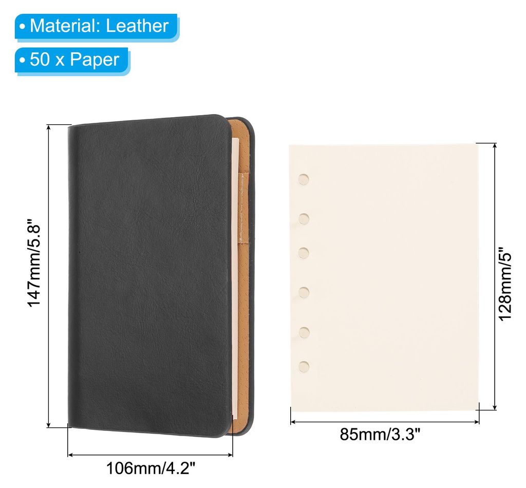 6 Ring Binder Cover, A7 Leder Notizbuch Binder Mini Nachfš¹llbarer Loose Leaf Personal Planner mit 50 Blatt Papier, Schwarz