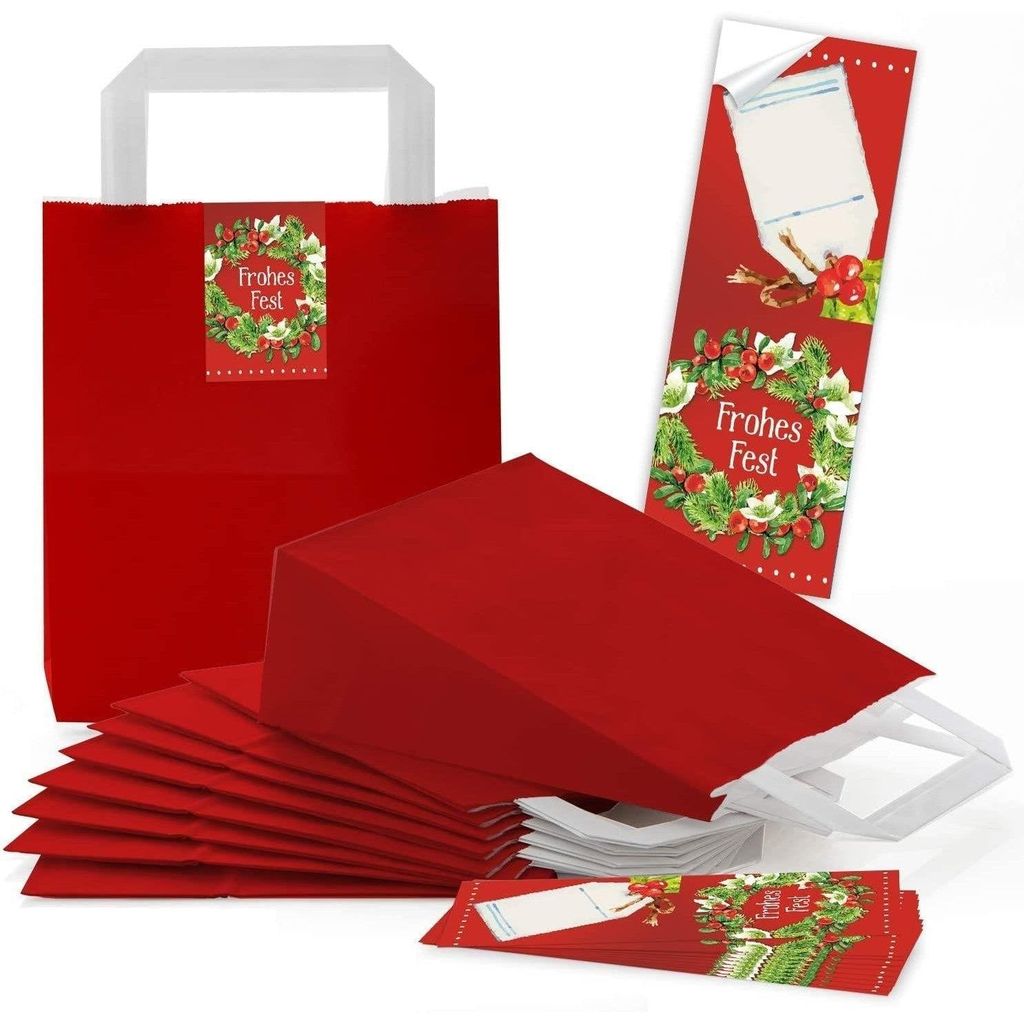 25 rote weihnachtliche Papiertüten Geschenktasche Henkel mit Boden 18 x 8 x 22 cm + 25 Aufkleber FROHE WEIHNACHTEN ALLES GUTE FÜRS NEUE JAHR bunt...
