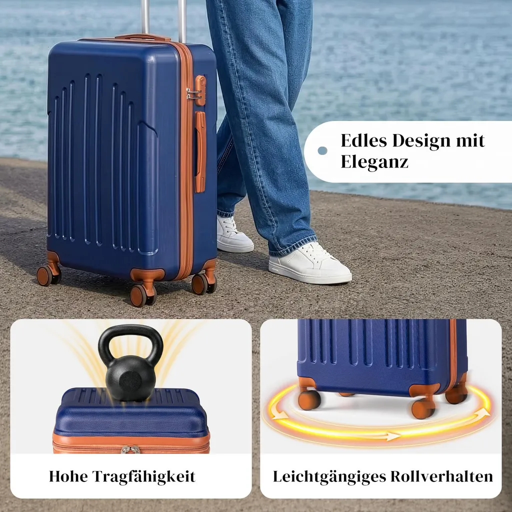 FCH Set de 3 Valises Rigides ABS Bleu Foncé avec Roues Multidirectionnelles - 6