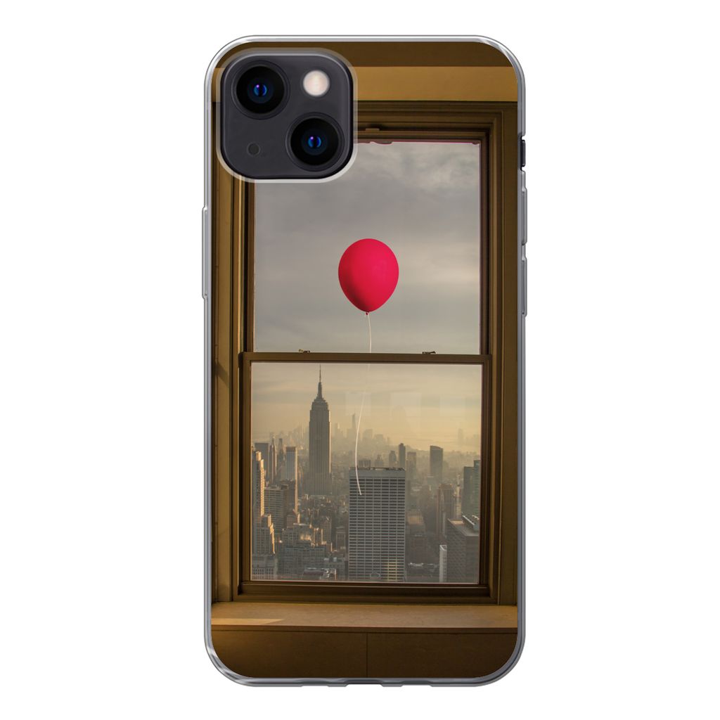 MuchoWow Handyhülle Schutzhülle Hülle für iPhone 13 Roter Ballon fliegt an Fenster in New York vorbei Silikon Softcase Handy Hülle - Karteni...