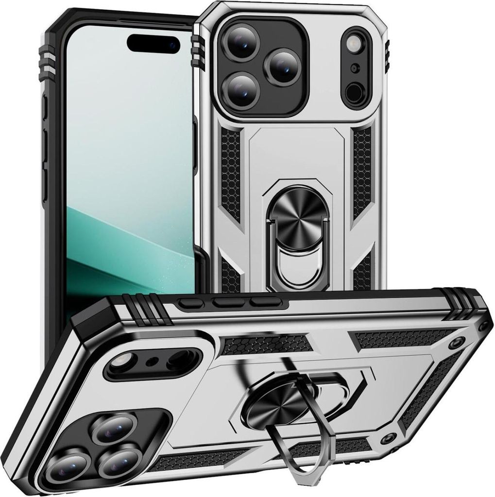 Mobigear Armor Ring iPhone 17 Pro Hülle Hardcase Backcover Stoßfest mit Ringhalter - Silber