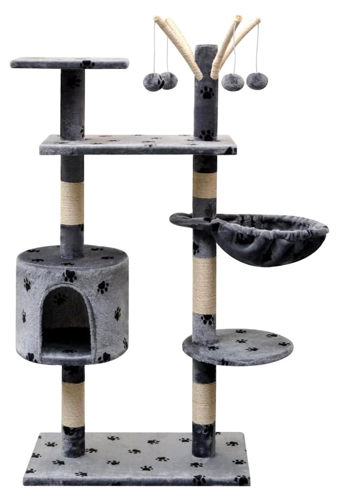 Katzen-Kratzbaum 125 cm Grau mit Pfotenmotiv, Katzenmöbel, Kratztonne für Katzen, Aktivitätskratzbäume, Katzenzubehör