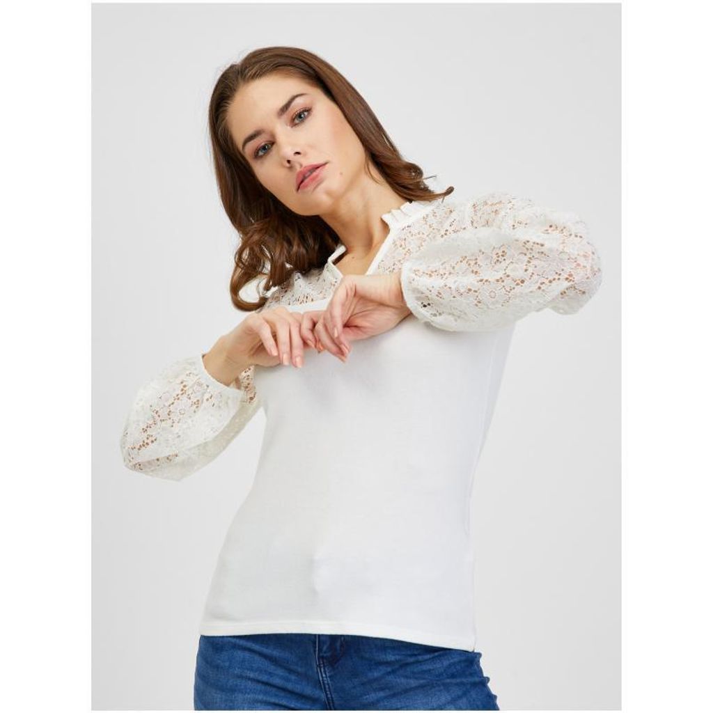 Orsay Cremefarbenes Damen T-Shirt mit Spitze DP-3537133__S