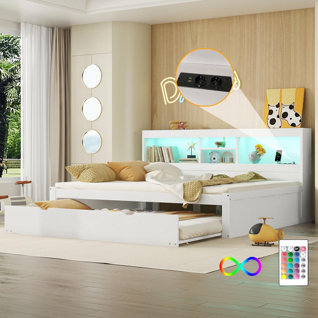 Merax Tagesbett Daybett 140x200 cm, mit Ausziehbett, 2 USB & 2 Steckdosen, LED Beleuchtung, Ablagefach, Schlafsofa, Kinderbett, Jugendbett, Weiß