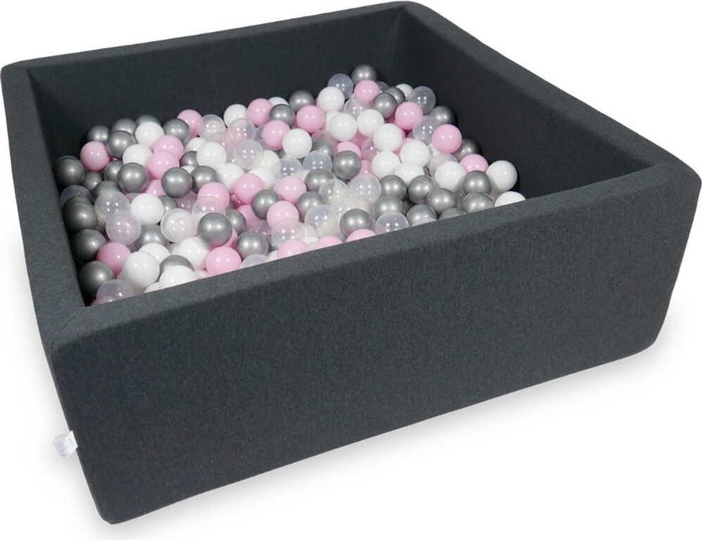 Bällebad 110x110x40cm Graphit – Mit 600 Bällen / Babyrosa, Weiß, Silber, Transparent