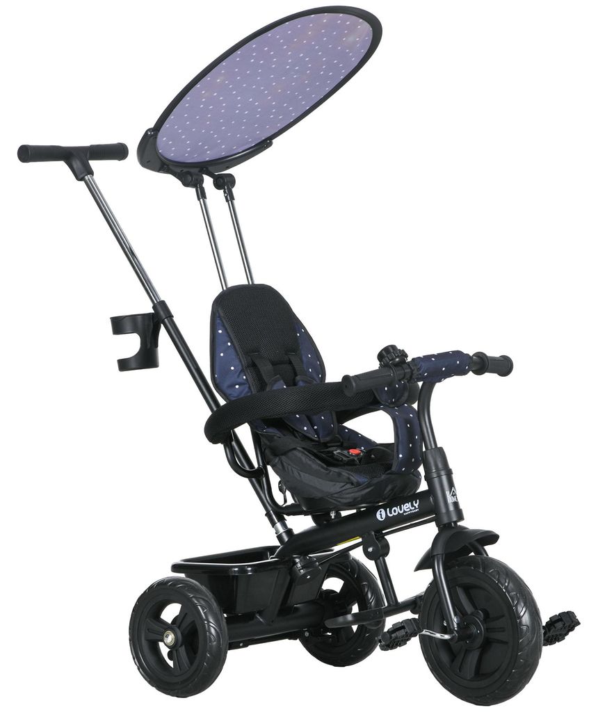 6-in-1 Kinderdreirad mit Schiebestange, Dach, Gurt, Ablagekorb, für 1-5 Jahre, Dunkelblau, 105,0x47,0x98,0 cm, für Kinder