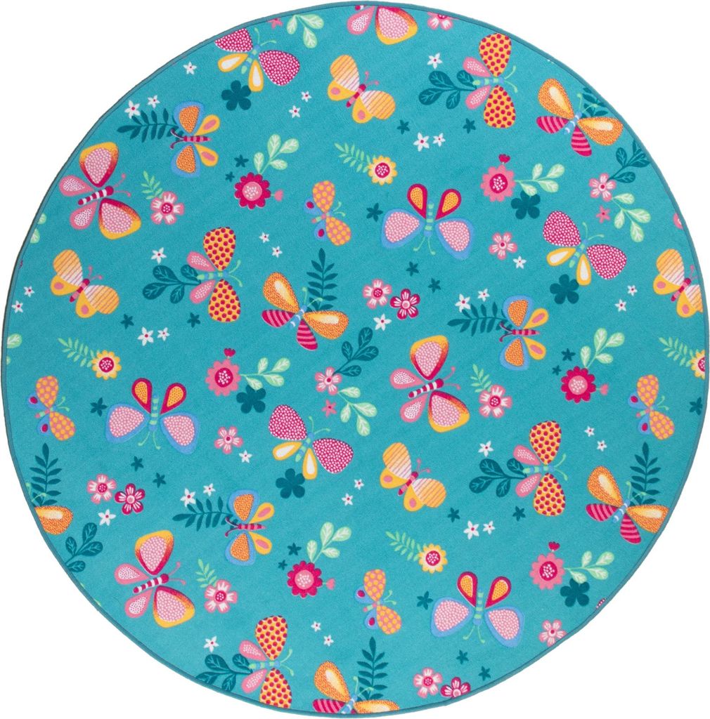 Steffensmeier Kinderteppich Sophia Rund | für Kinderzimmer | Spielteppich | Schmetterling Türkis, Größe: Ø 200 cm
