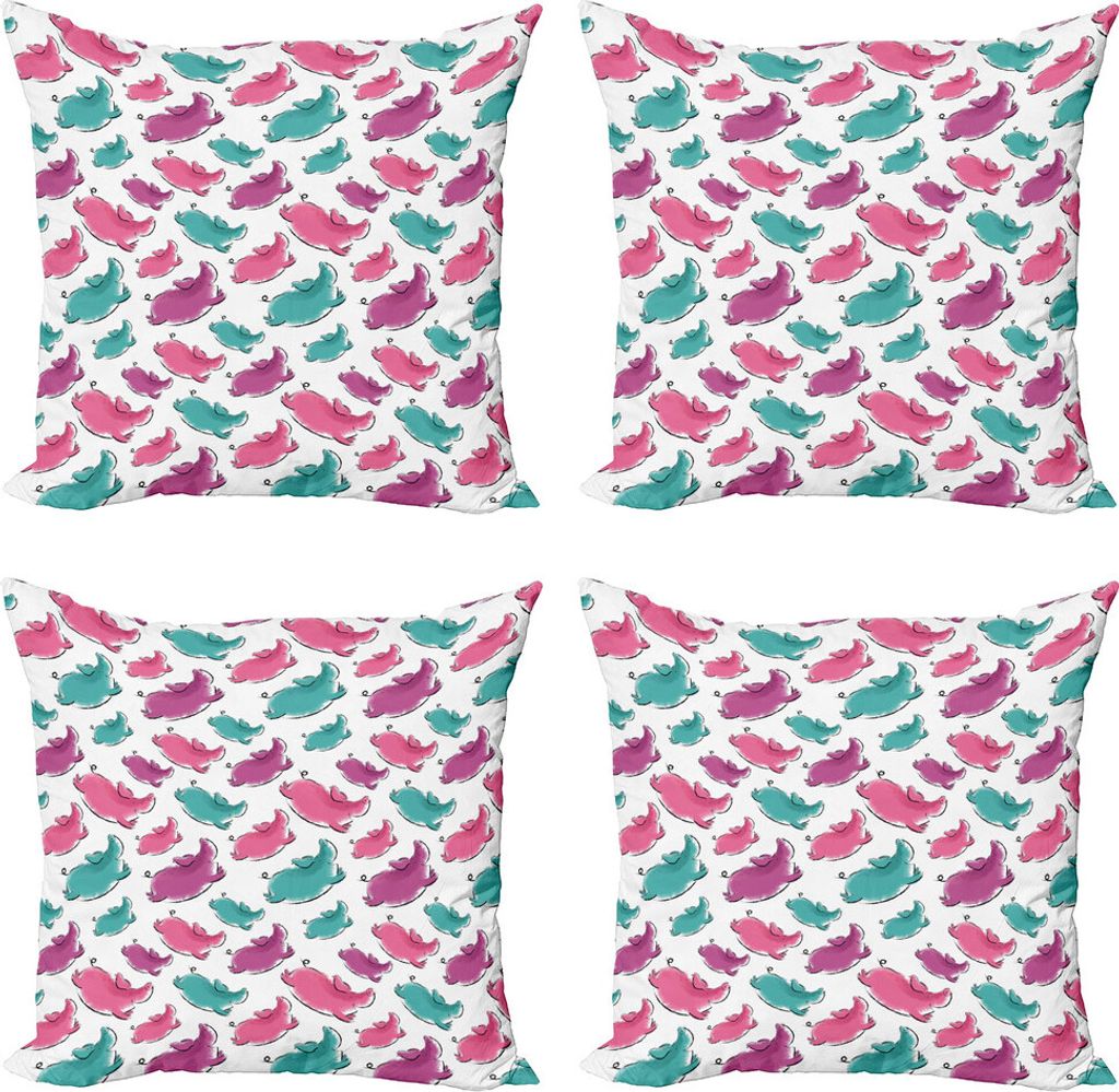 ABAKUHAUS Schwein Kissenbezug Set (4 Stück), Hand gezeichnet Aquarell-Effekt, Moderner Doppelseitiger Digitaldruck, 45 cm x 45 cm, Rosa Kadett-Blau