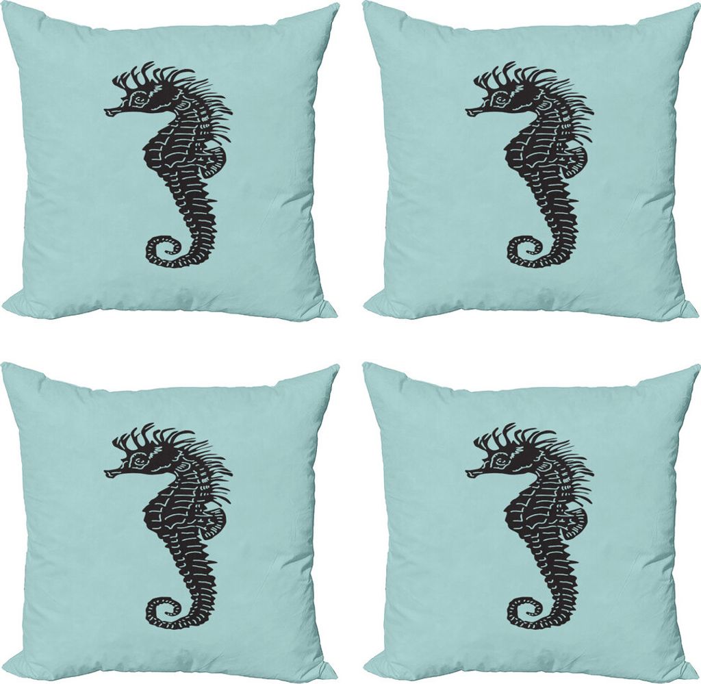 ABAKUHAUS Seahorse Kissenbezug Set (4 Stück), Moderne Aquatic Silhouette, Moderner Doppelseitiger Digitaldruck, 50 cm x 50 cm, Koksgraue Kadett-Blau
