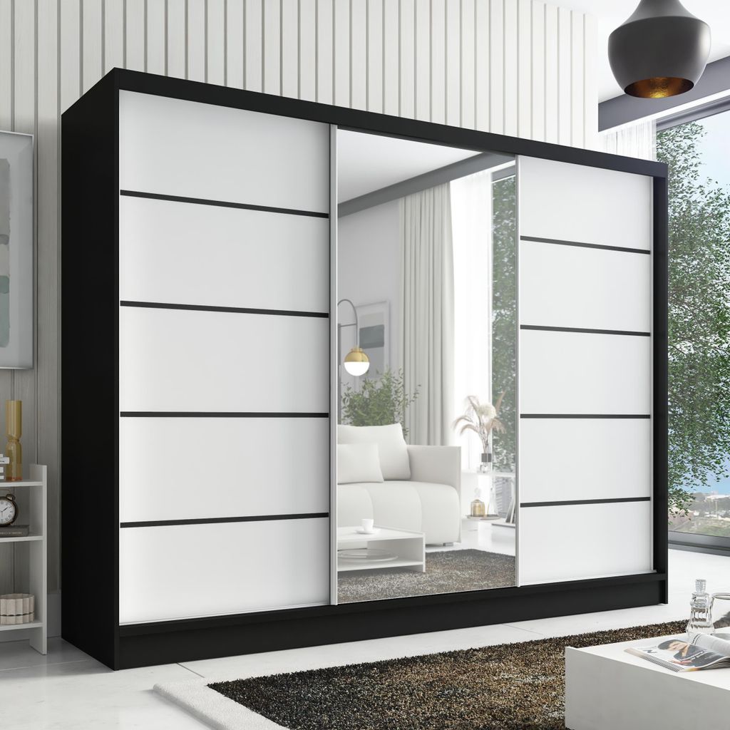 Schwebetürenschrank AURELIA 2, 3-türig Schrank 200 cm Kleiderschrank mit Schubladen, und Spiegel. Farbe: Schwarz / weiß