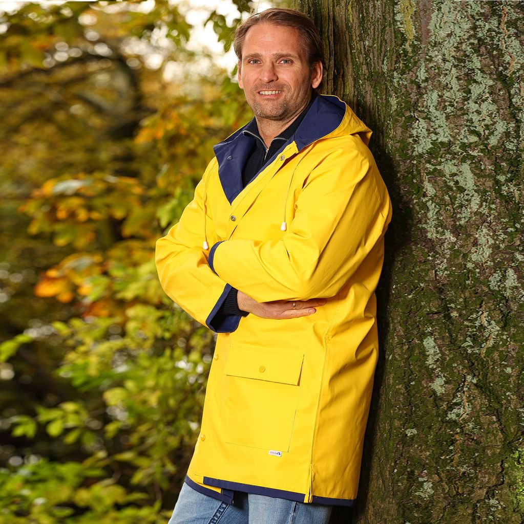 FRIESEN Friesennerz Original Büro oder Watt? - Unisex Regenjacke Regenmantel in Gelb Herren Größe 44