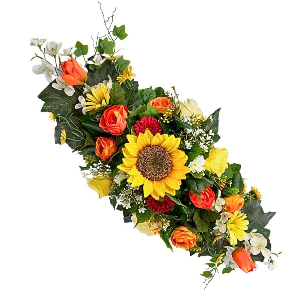 künstliche Grabblumen Aufleger mit Sonnenblumen Rosen Produktbild 