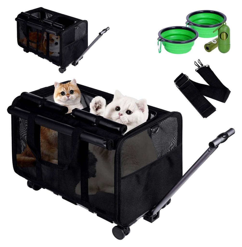 Überdimensionale Haustiertrage mit zwei Fächern und abnehmbaren Rädern für Katzen/Hunde, faltbare Rolltrage für zwei Katzen, Tragetasche für ...