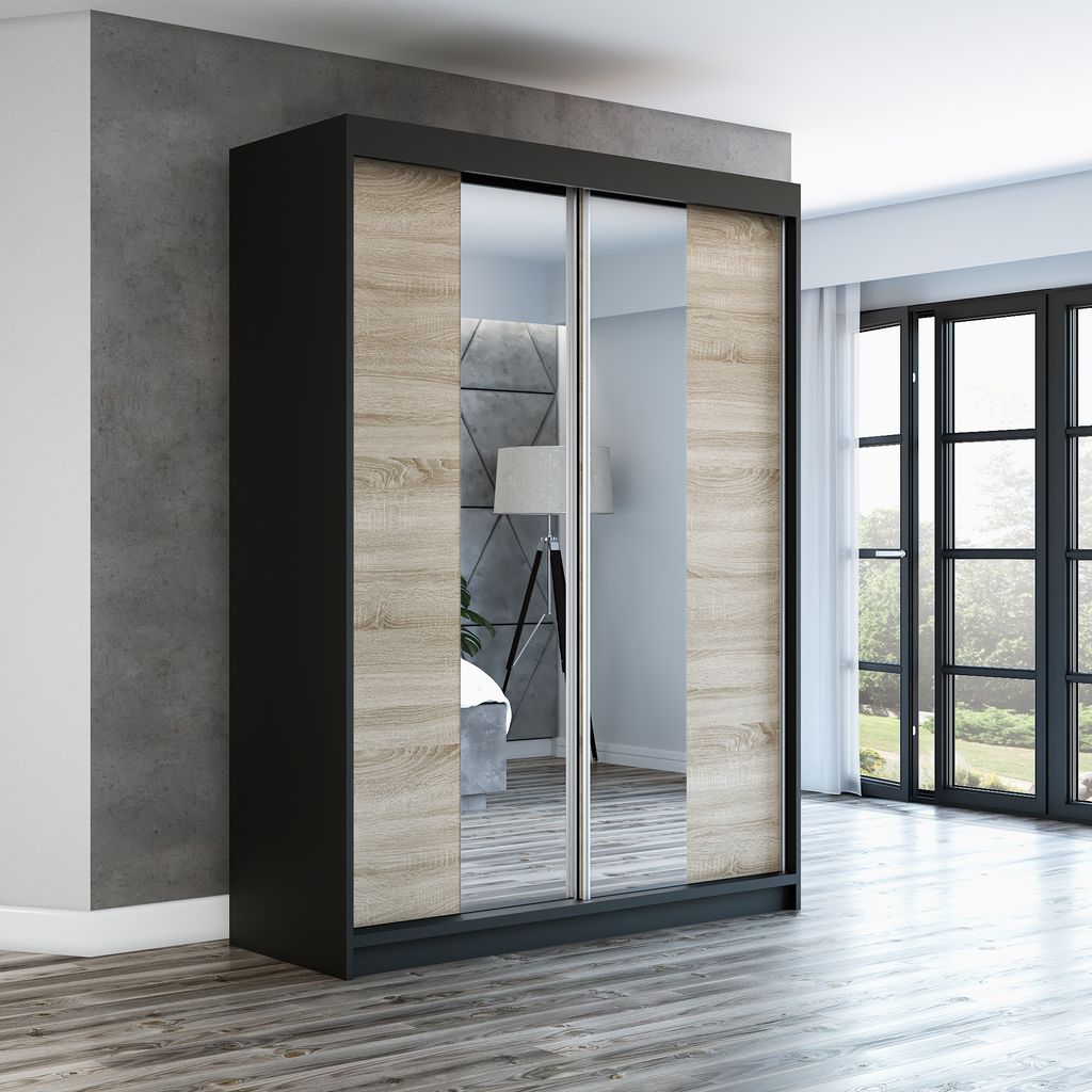 Schwebetürenschrank, 2-türig Schrank mit Spiegel! Moderne Garderobe für Kleidung. Verschiedene Farben (Weiß, Schwarz, Somona) Kleiderschrank NE...