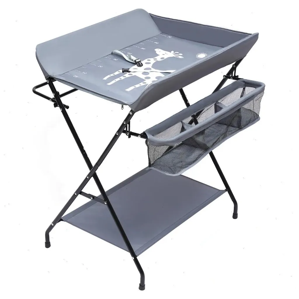 Table à langer en tissu Oxford gris, structure fer et seau amovible