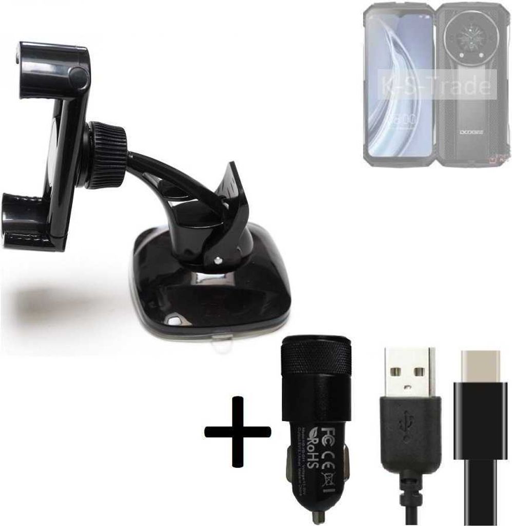 K-S-Trade Handy-Halterung kompatibel mit Doogee S110 Windschutzscheibe / Armaturenbrett + LADEGERÄT mit Mico USB Kabel Autohalterung