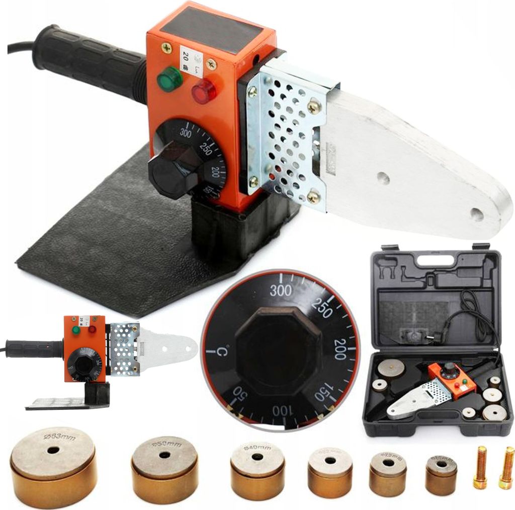 A collection of tools and accessories for plastic pipe welding, including a polyfusion welding machine, dies, and a carrying case.
