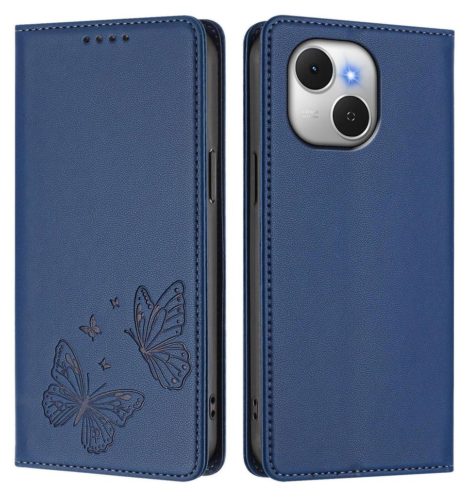 Lederhülle für Tecno Spark 40C, Schmetterling Prägung Leder Brieftasche Schutzhülle mit Ständer Dunkelblau