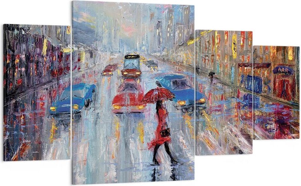 Bild auf Leinwand - Leinwandbild - 4 Teile - Acryl Stadt Regen - 160x90cm - Wand Bild - Wanddeko - Wandbilder - Leinwanddruck - Bilder - Wanddekora...