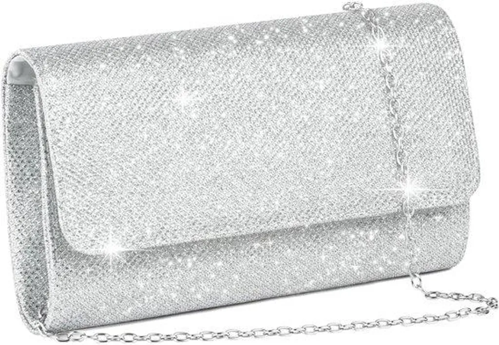 Pochette de fête argentée à paillettes avec fermeture clip et chaîne métal