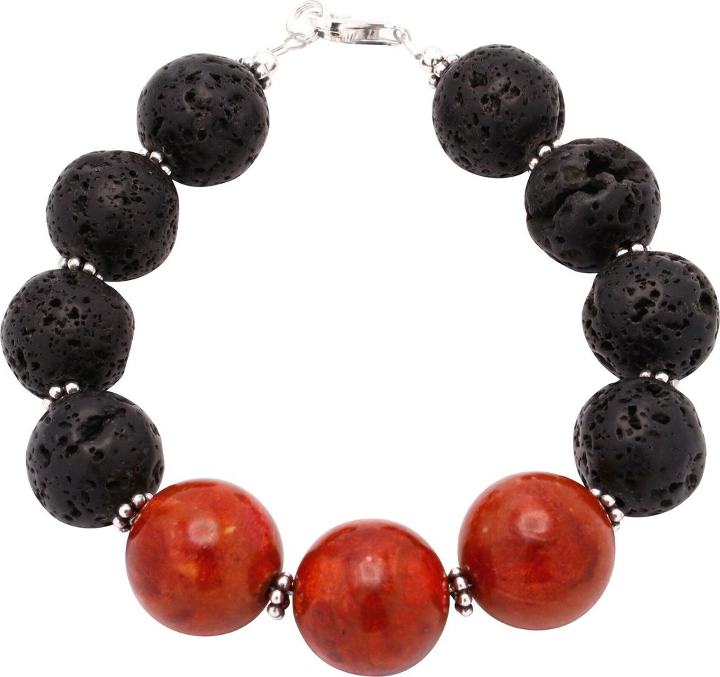 Armband Armschmuck aus Korale Schaumkoralle Lava mit Poren 925 Silber schwarz rot