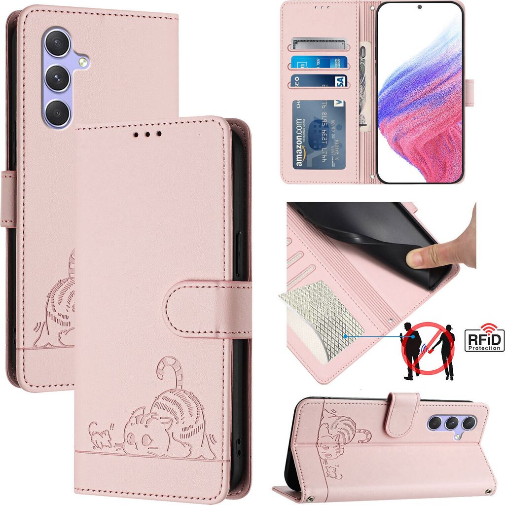 Leder Hülle für Samsung Galaxy A54 5G Süße Katze Flip Case Brieftasche Schutzhülle mit Standfunktion Pink