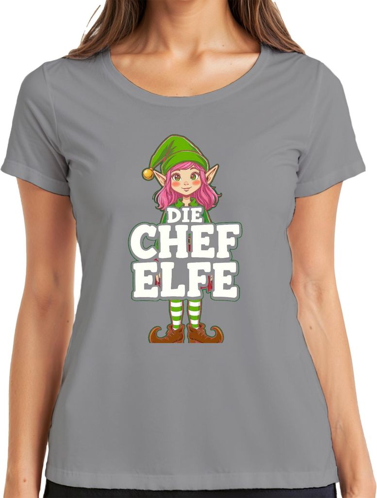 Die Chef Elfe Weihnachtselfe Weihnachten Santa Klaus Weihnachtshelfer Damen T-Shirt, Grau, L