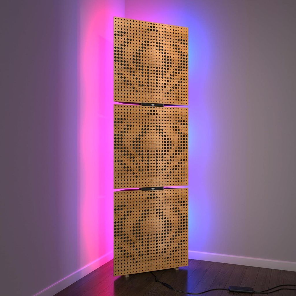 3er-Pack– Akustik-Bassfallen „UNIVERSE“ mit Stehlampe | Mobiler Akustik-Eckständer mit LED-RGB-Hintergrundbeleuchtung | 150x50x10cm |Eiche