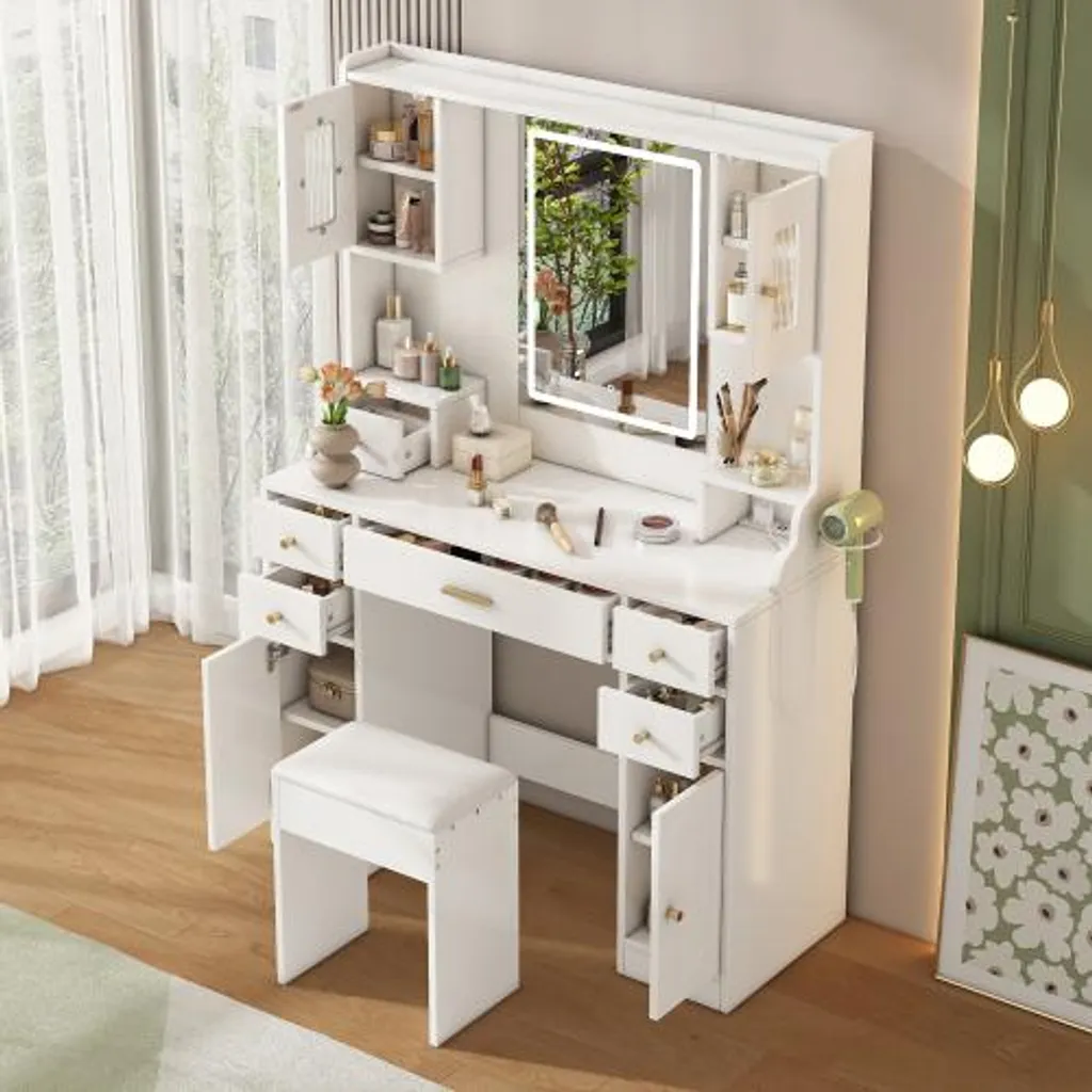 Grande coiffeuse avec éclairage LED réglable et prises, blanche - Modèle XL - 3