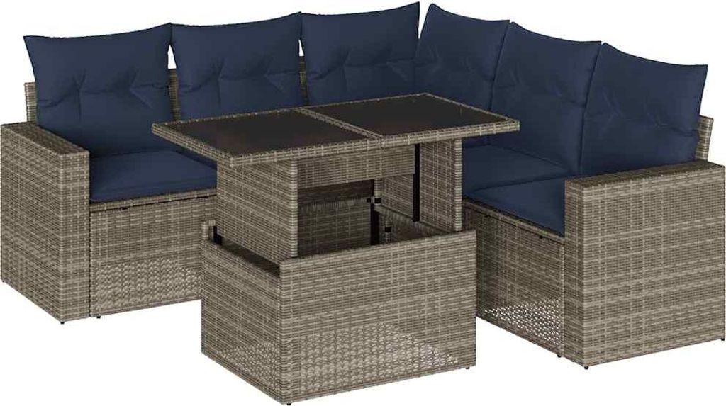 6-teiliges Gartensofa-Set mit Kissen, grau, Polyrattan