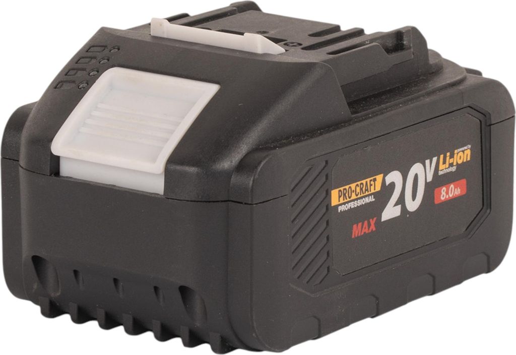 A black battery pack with white and yellow accents, set against a white background.