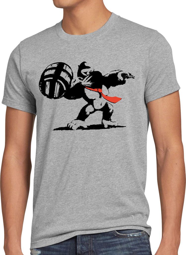 style3 Graffiti Kong Herren T-Shirt donkey pop art banksy geek snes nerd gamer, Größe:4XL, Farbe:Grau meliert