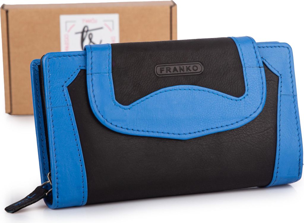 Franko Damenportemonnaie aus Naturleder, schwarz-blau, großes und elegantes Portemonnaie für anspruchsvolle Frauen