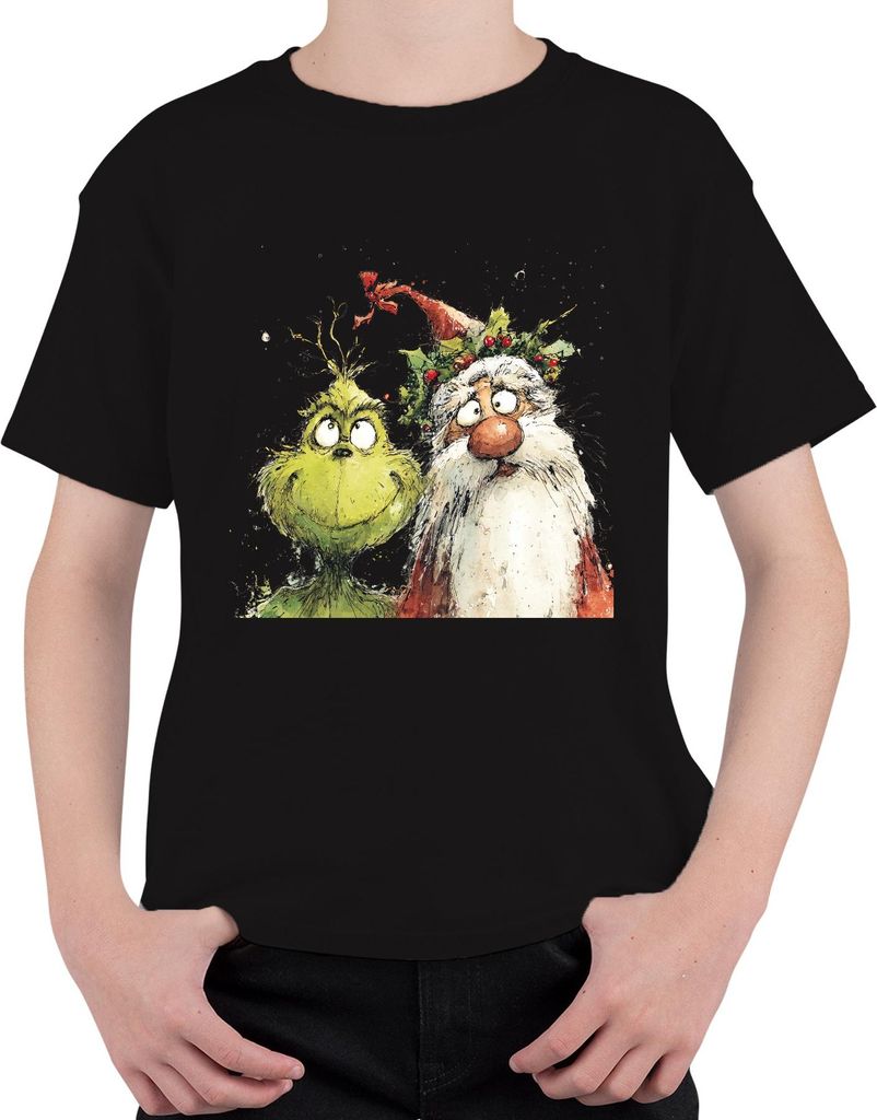 Grinch Weihnachtsmann frech Weihnachtsspaß Aquarell Cartoon Uni Kinder T-Shirt, Schwarz, 104