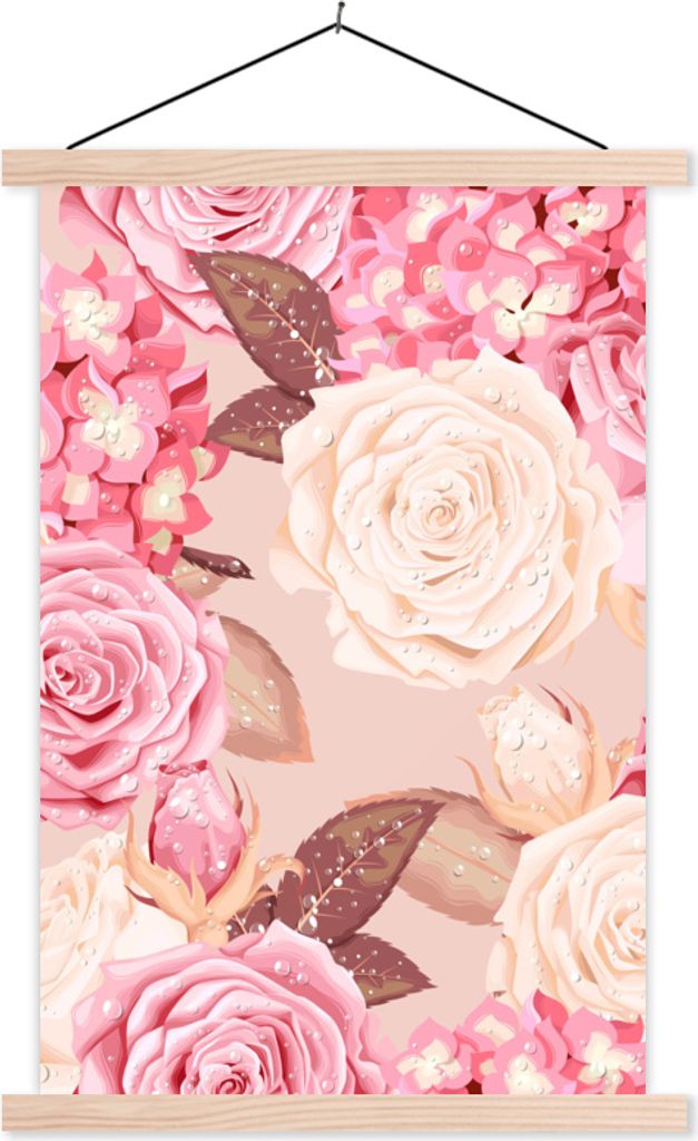 MuchoWow Textilposter Rosen - Weiß - Rosa - Tropfen 60x90 cm mit holzfarbenen Rahmen - Textil