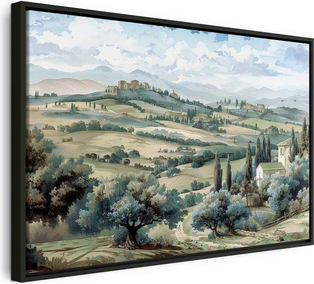 Quadro su tela italiano - Paesaggio con campi verdi e alberi vista toscana soleggiata 60x40 cm Paesaggi c-H-10043-b-a