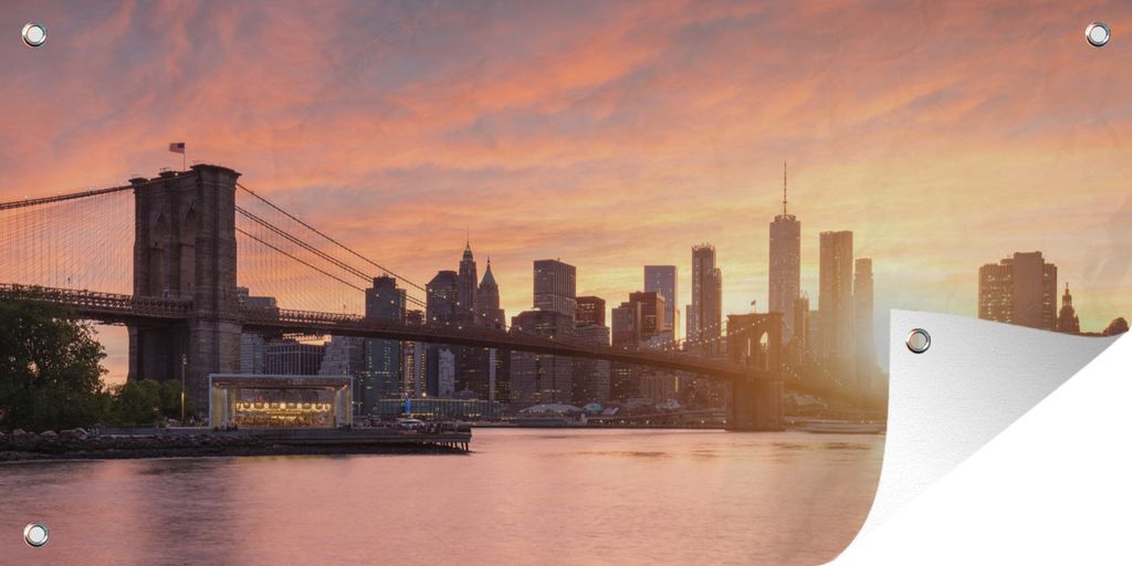 MuchoWow 160x80 cm Outdoor-Poster Gartendeko Sichtschutz Garten Poster für den Garten Sonnenuntergang über der Brooklyn Bridge in New York