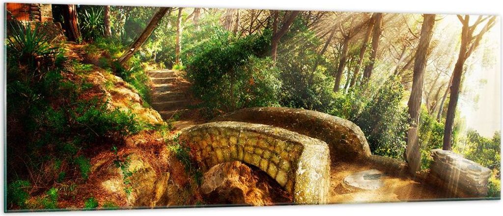 Bilder auf glas - Pfad Steinbrücke Wald Herbst - 140x50cm - Glasbilder - Wandbilder - Kunstdruck - zum Aufhängen bereit - Wanddekoration aus Glas...